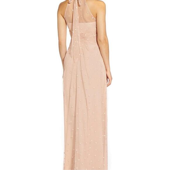 Adrianna Papell Glitter Dot Sheer Halter Neck Sleeveless Blush Pink Gown Size 12 - Picture 6 of 7
